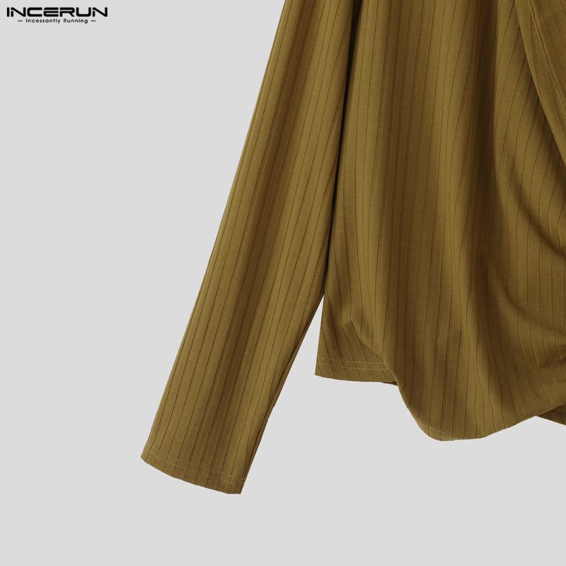 INCERUN Mens V Neck Front Cross Long Sleeve Thin Casual Rib Short T-shirts Tops