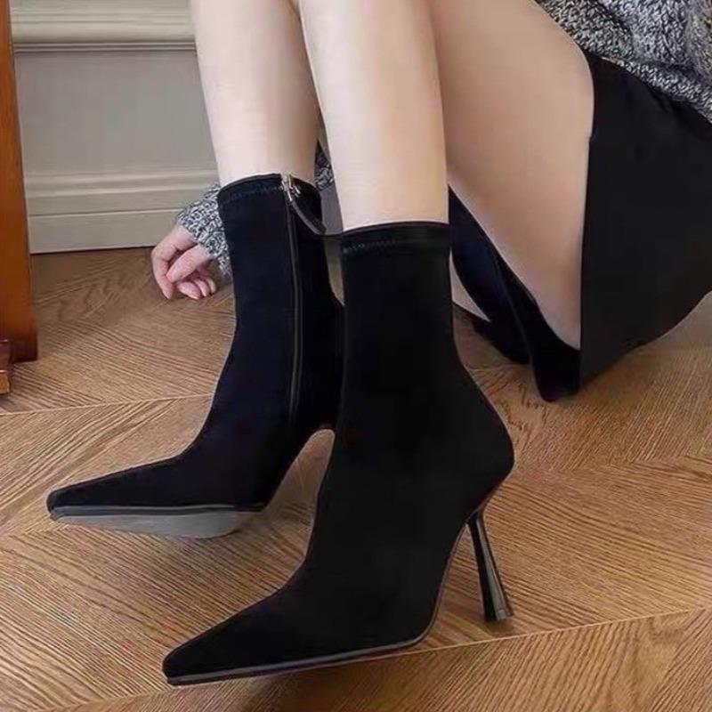 Fashion Fall New Side Zip Slim Heel Single Boots Women's Fashion Pointed Toe Suede Non-Slip Wear-Resistant Short Boots