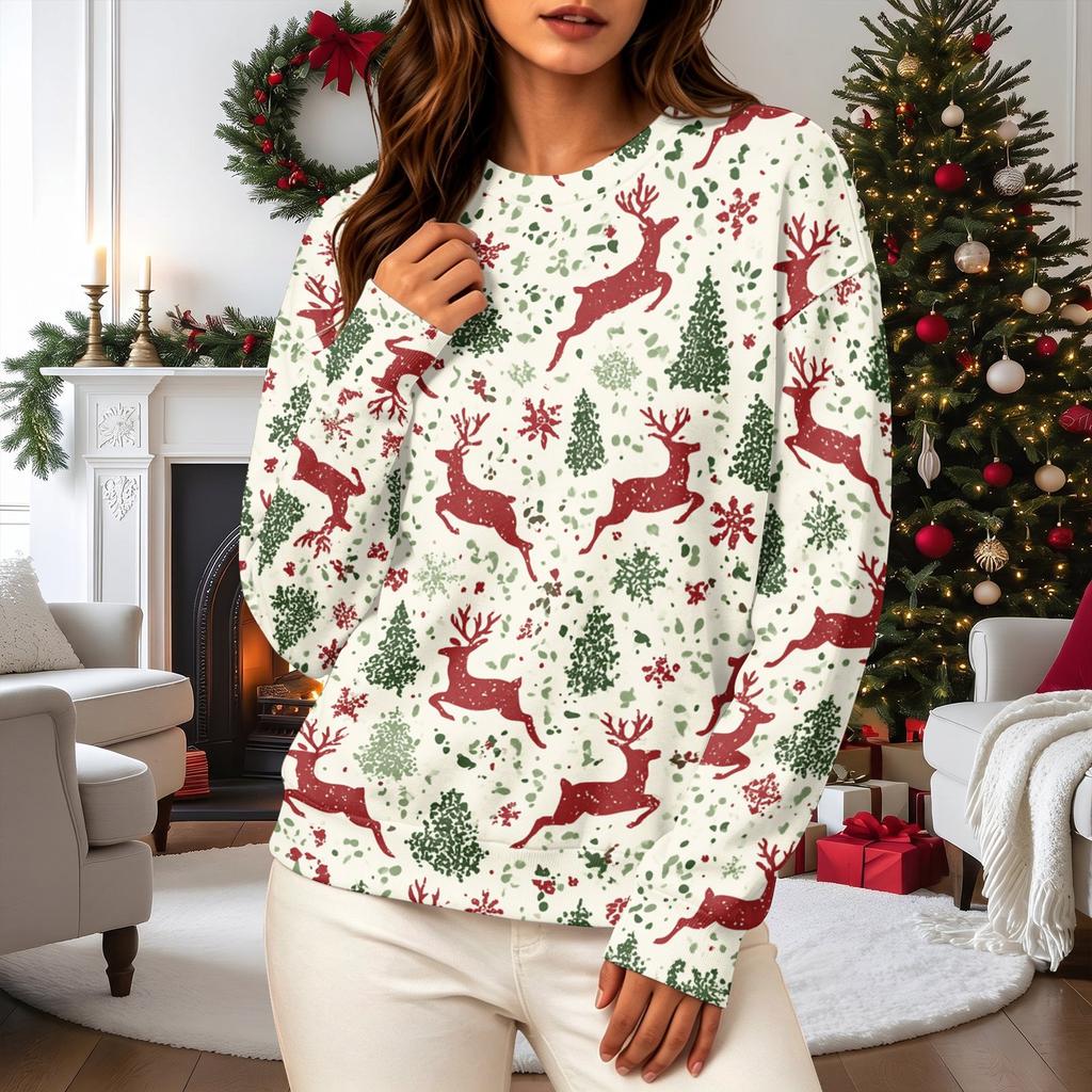 Women's Casual Christmas Print Long Sleeve Neck Sweatshirt