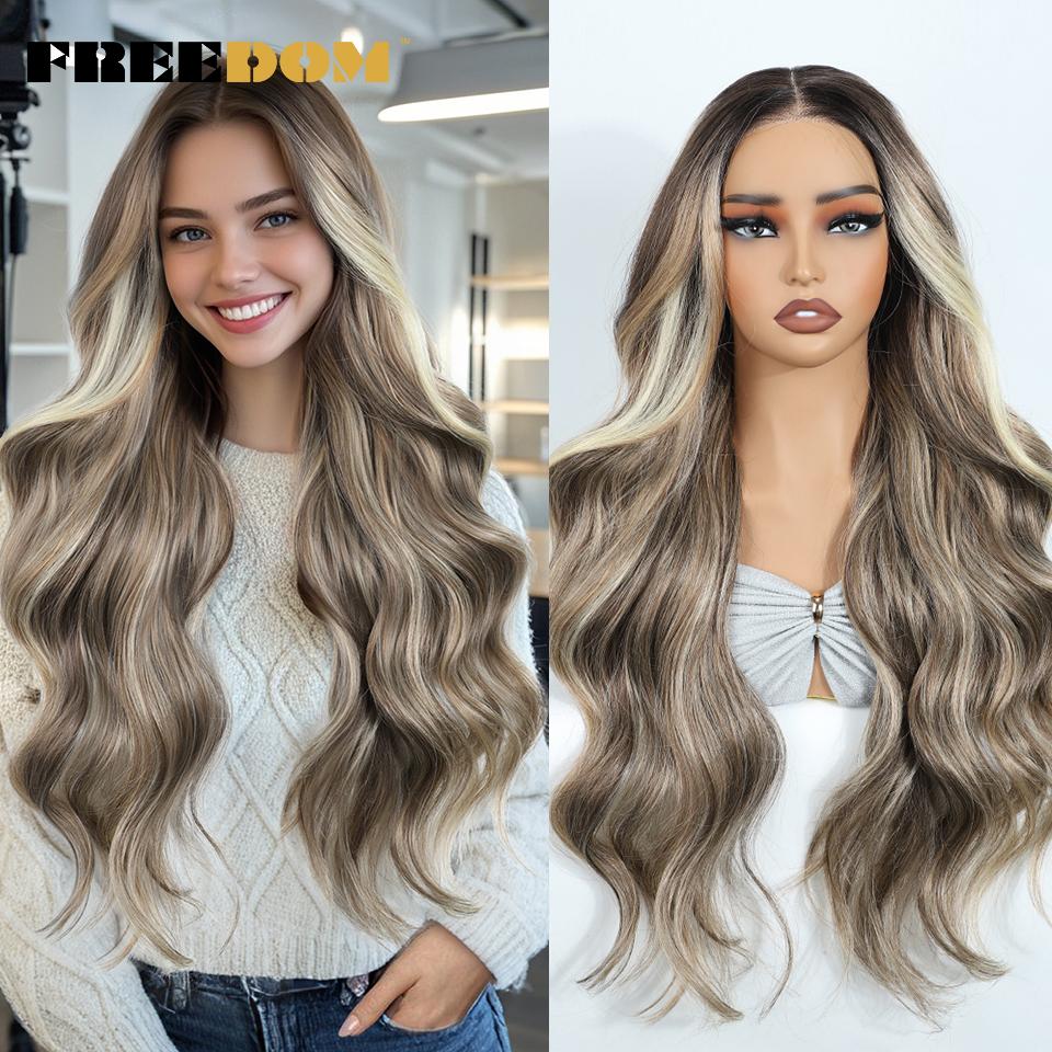 

FREEDOM Synthetic Lace Front Wigs For Woman Long Body Wave 6x4 Lace Wig Ombre Brown Pre Plucked Pre Cut Wear and Go Glueless Wig (as the picture,28inches)