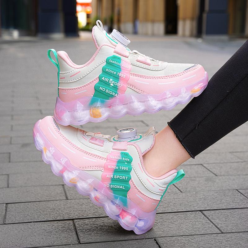 28-38 Children's Pink Leather Waterproof Rotation Buttons Sports Shoes Boys Basketball Sports Shoes Girl Sports Shoes