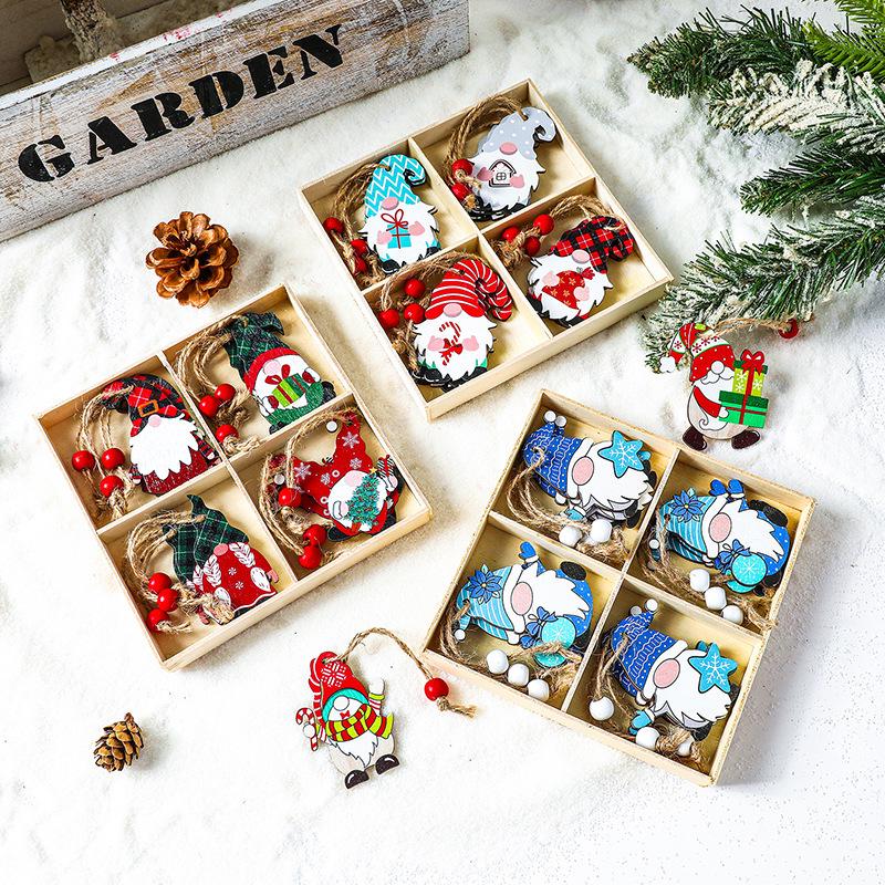 Christmas Four-Grid Faceless Old Man Wooden Ornament Gift Box with Small Pendants