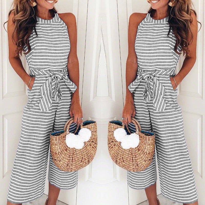 Summer Striped Womens Wide Leg Holiday Jumpsuits Playsuits Culotte Elegant