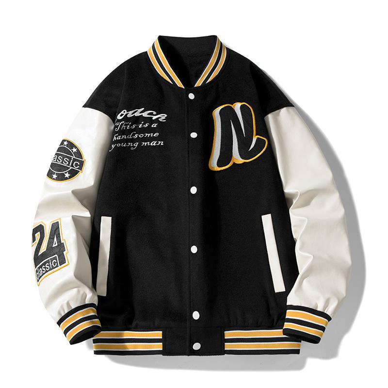 Herren Baseballjacke Herren Stehkragen Gestreiftes Buchstabenmuster Strickjacke Baseballmantel mit Taschen Locker Langärmlig