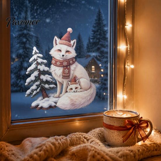 Transparent Glass Pattern Christmas Fox Window Clings, Winter Forest Animal Double-Side Sticker, Cute Graphics Reusable Static Decals for Holiday
