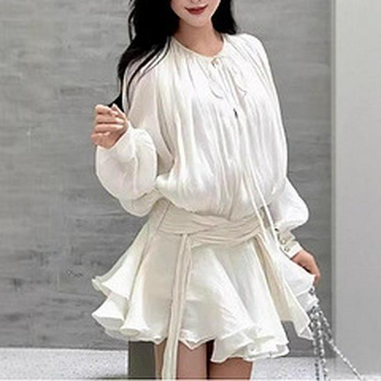 European & American Resort Style Elegant Irregular Mesh Puff Sleeve High-End Long Sleeve Dress