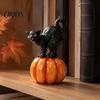 Seasonal Festive Atmosphere Props Halloween Black Cat Pumpkin Ornament, Vintage Wood Carving Style Sculpture with Resin Figurine, Spooky Tabletop