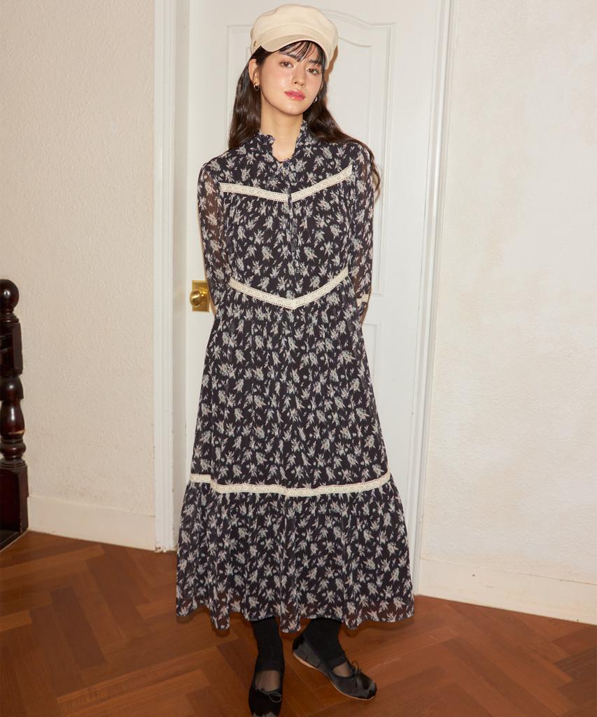 SALON DE YOHN Chiffon Lace Long Dress_ Black