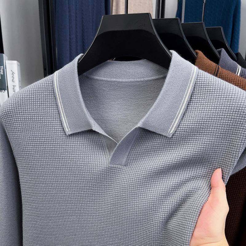 Autumn 2025 Wool Lapel Knit Sweater for Middle-Aged Men - Lightweight Base Layer Shirt