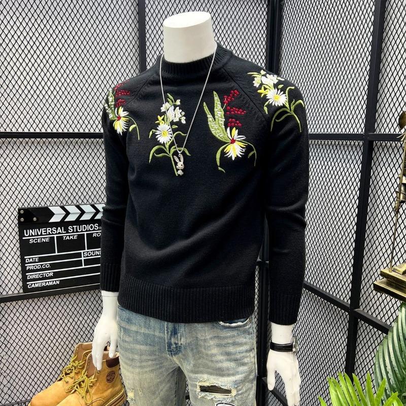 Módní značka Personalizovaný květinový vyšívaný svetr pro muže na zimu Zesílený teplý top Kulatý výstřih Dlouhý rukáv