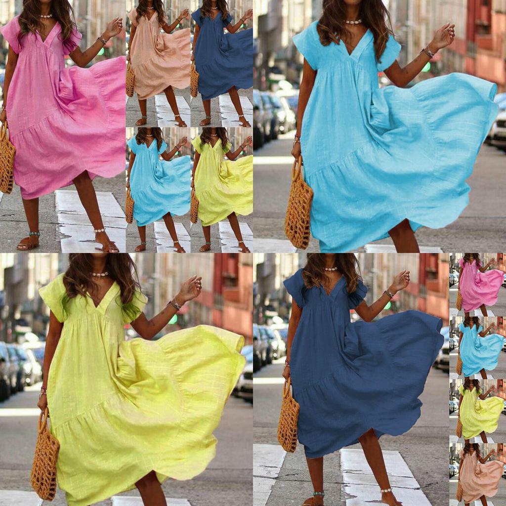 Elegant Women Fashion Maxi Dress Short Sleeve Solid Color Casual Boho Kaftan
