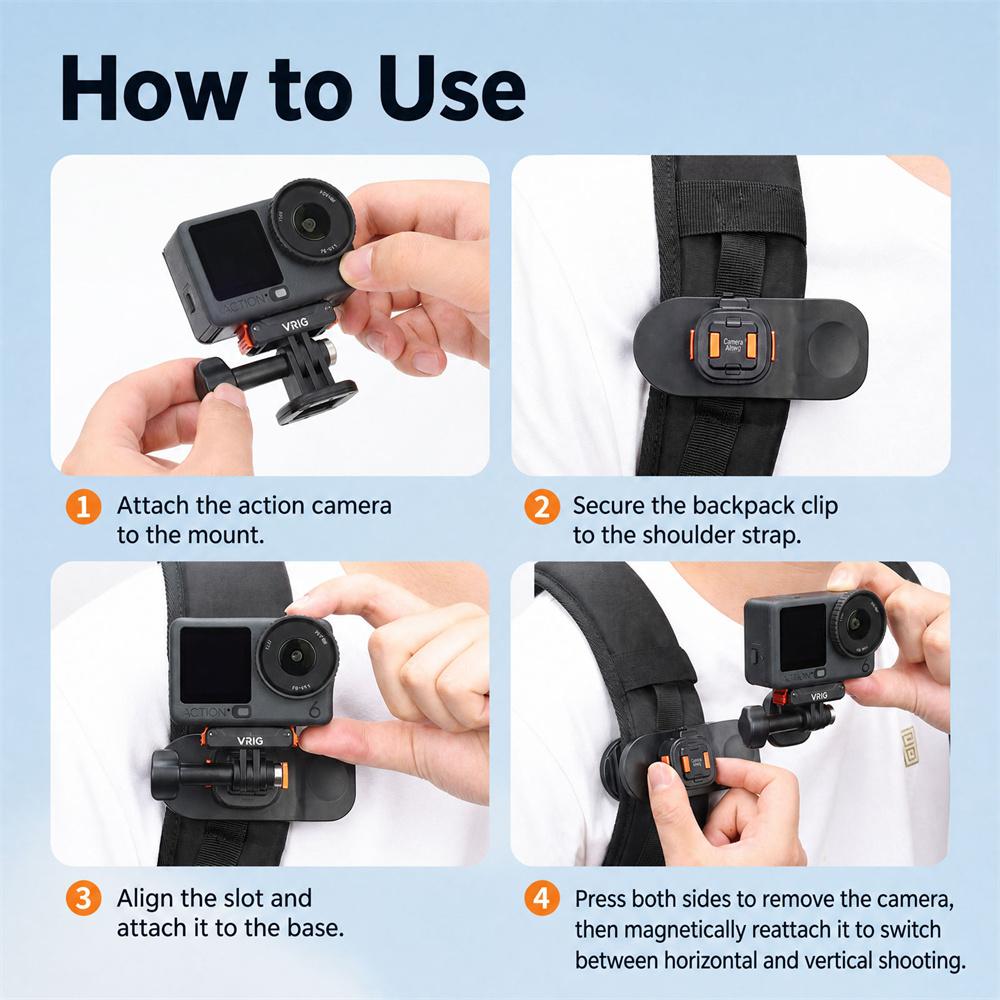 VRIG AC-97 360° Rotatable Backpack Clip for DJI Action 6/5 Pro/4/3 Insta360 Ace Pro 2 Mini BallHead Mount for Outdoor Photograph