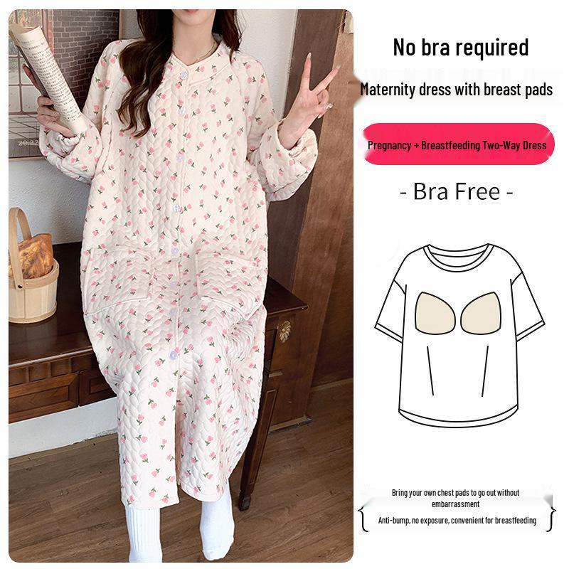 Umstandspajamakleid aus Luftbaumwolle für Herbst/Winter - Übergröße für pränatale, Krankenhaus- und postpartale/Stillzeit-Nutzung