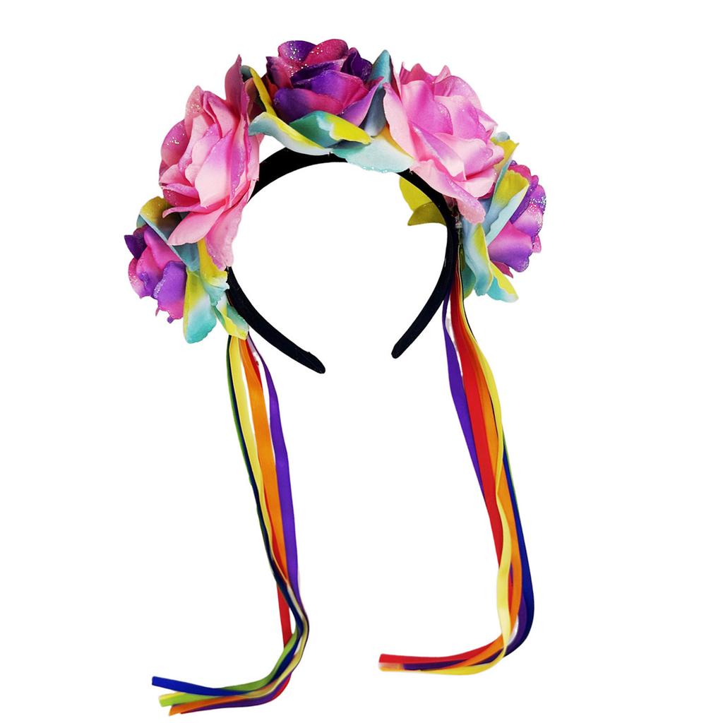 Floral Hairband Rainbow Rose Hair Hoop Halloween Decorative Tassels Role Play Costume Proms Party Live Show Headwear