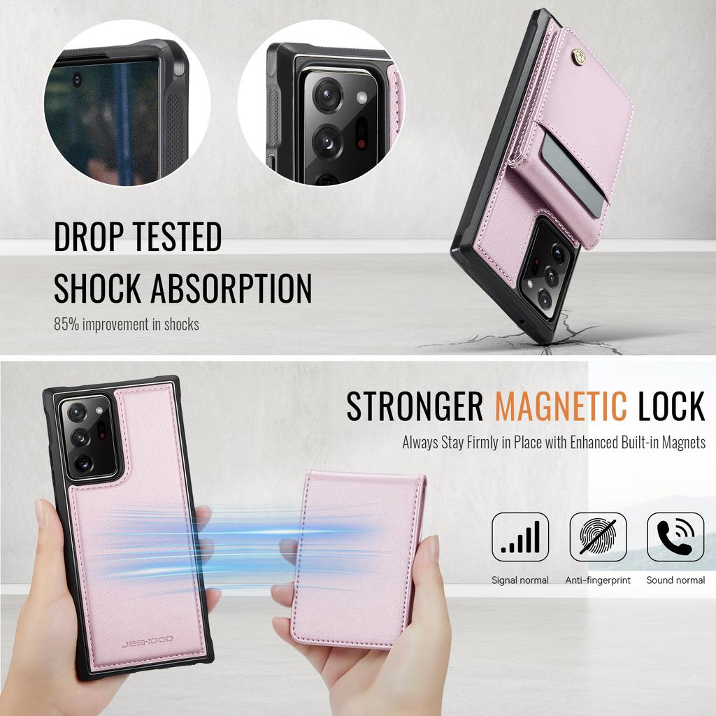 For Samsung Galaxy Note20 Ultra Leather Back Cover Compatible with MagSafe JEEHOOD J06 Phone Case with Card Bag RFID Blocking