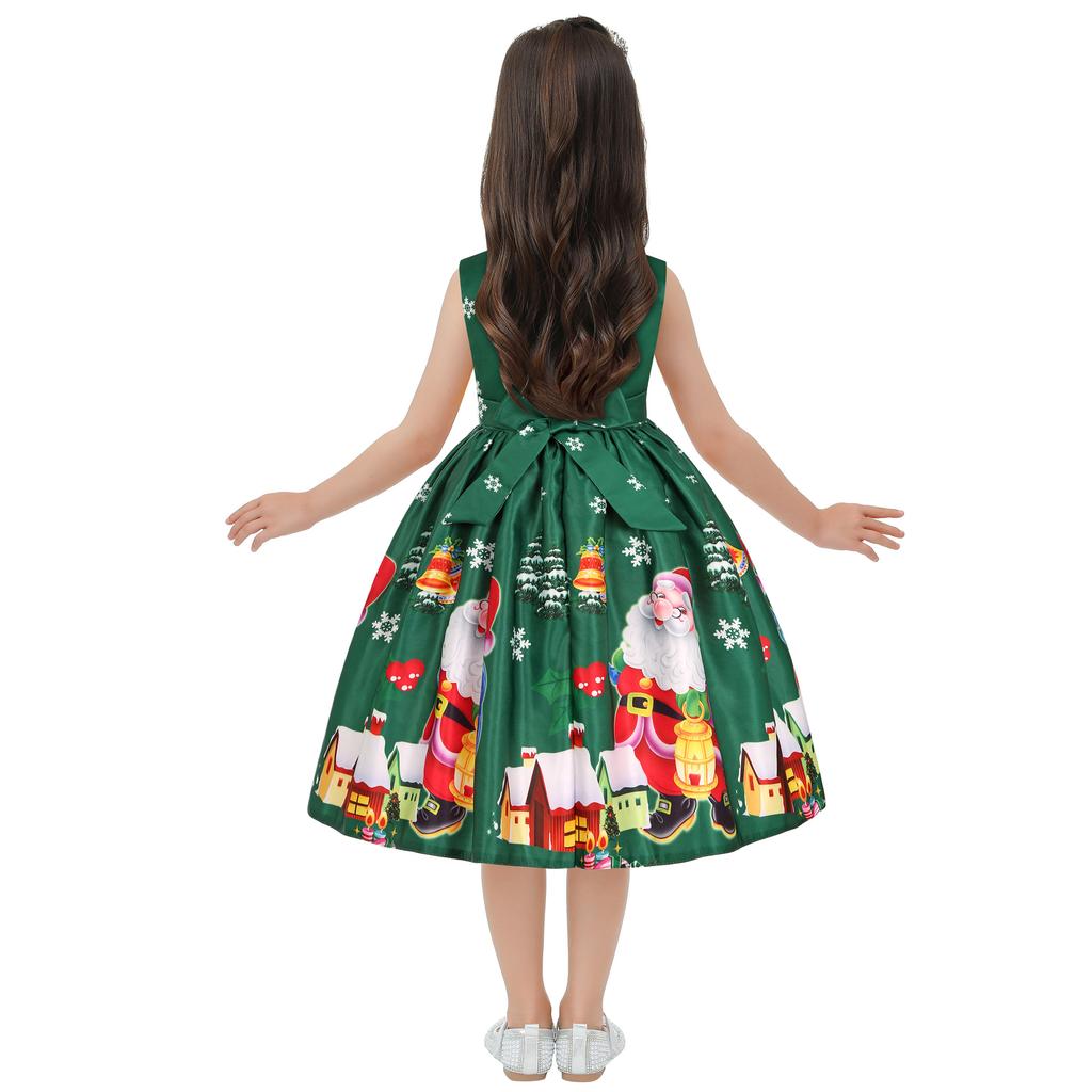 Children's Christmas Dress Cartoon Print Bow Dress Christmas Performance Sparkling Kids Birthday Dress Elegant Soft Party Dress Ball Gown for Girls