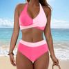 Ladies' Detachable Chest Cushion High Waist Hanging Neck, Printed Color Blocked Split Swimsuit High Waisted Bikini Two-Piece Set