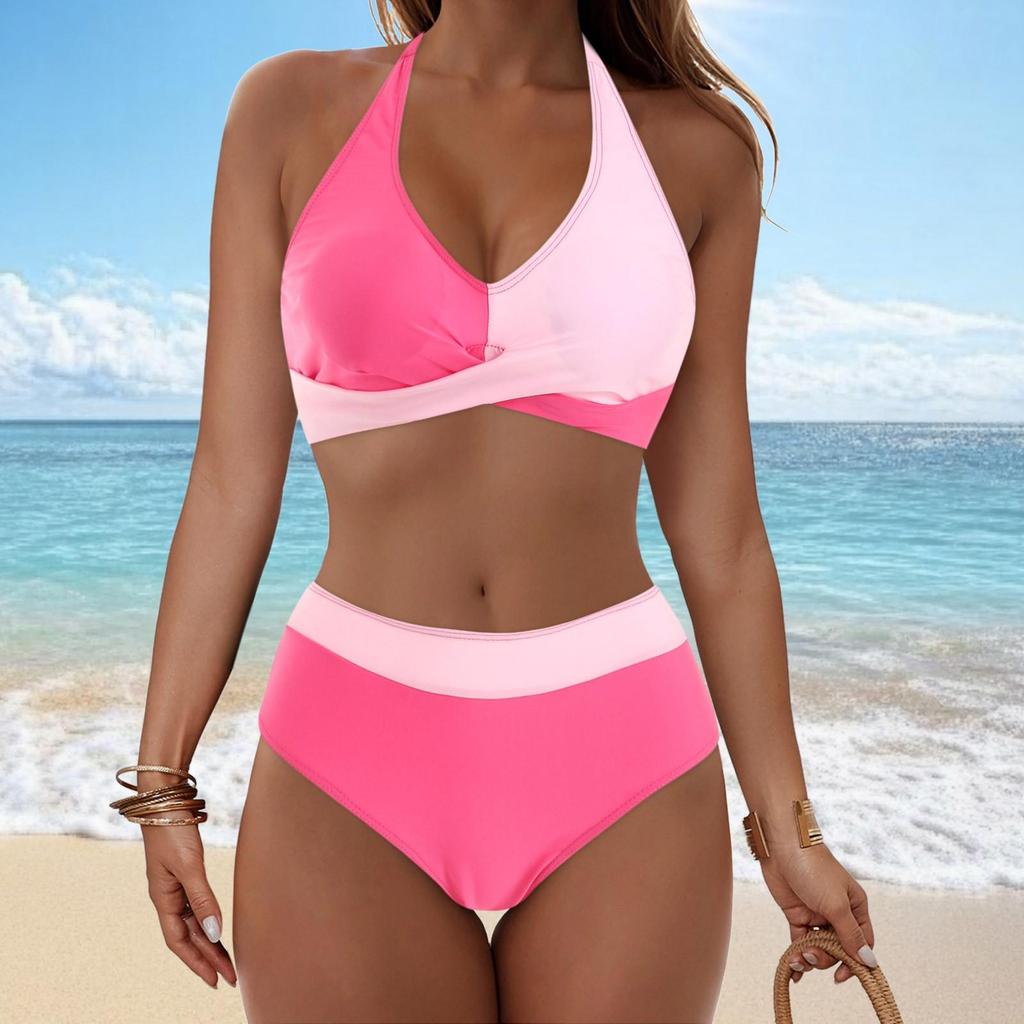 Ladies' Detachable Chest Cushion High Waist Hanging Neck, Printed Color Blocked Split Swimsuit High Waisted Bikini Two-Piece Set