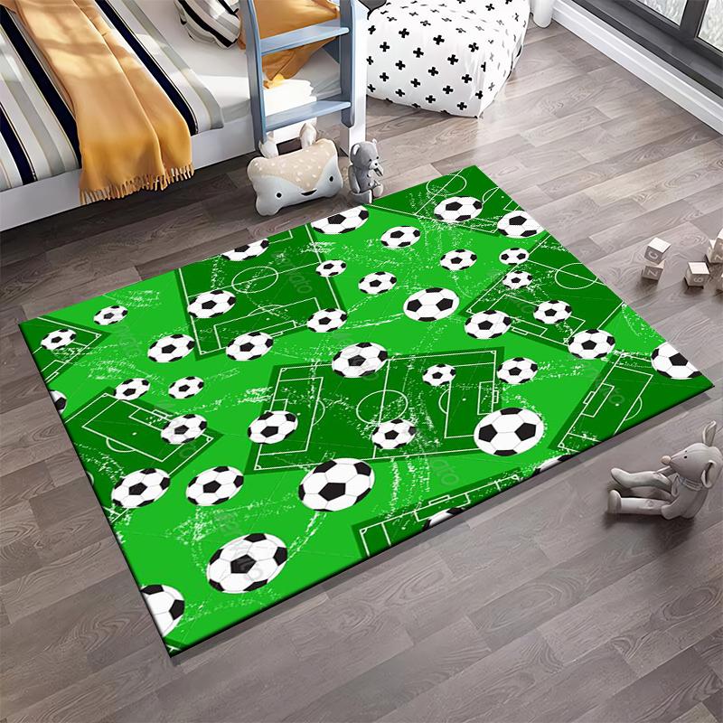 Green Soccer Field Carpet with Footballs and Sports Game Design Pattern Suitable for use as an anti-slip for living room bedroom sofas