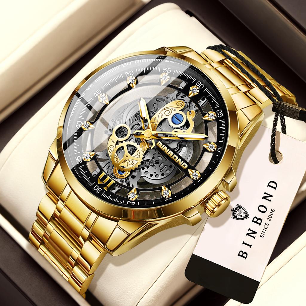 BINBOND Luxury Vintage Hollow-Out Quartz Wristwatch for Men Luminous Waterproof Accurate Durable Men's Watch Casual Reloj+Box
