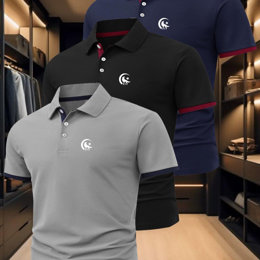 Herren-Polohemd-Set mit Wolfsdruck, Stilvoll und geeignet für Business Casual, Bequemes und atmungsaktives kurzärmeliges Polohemd für den Sommer