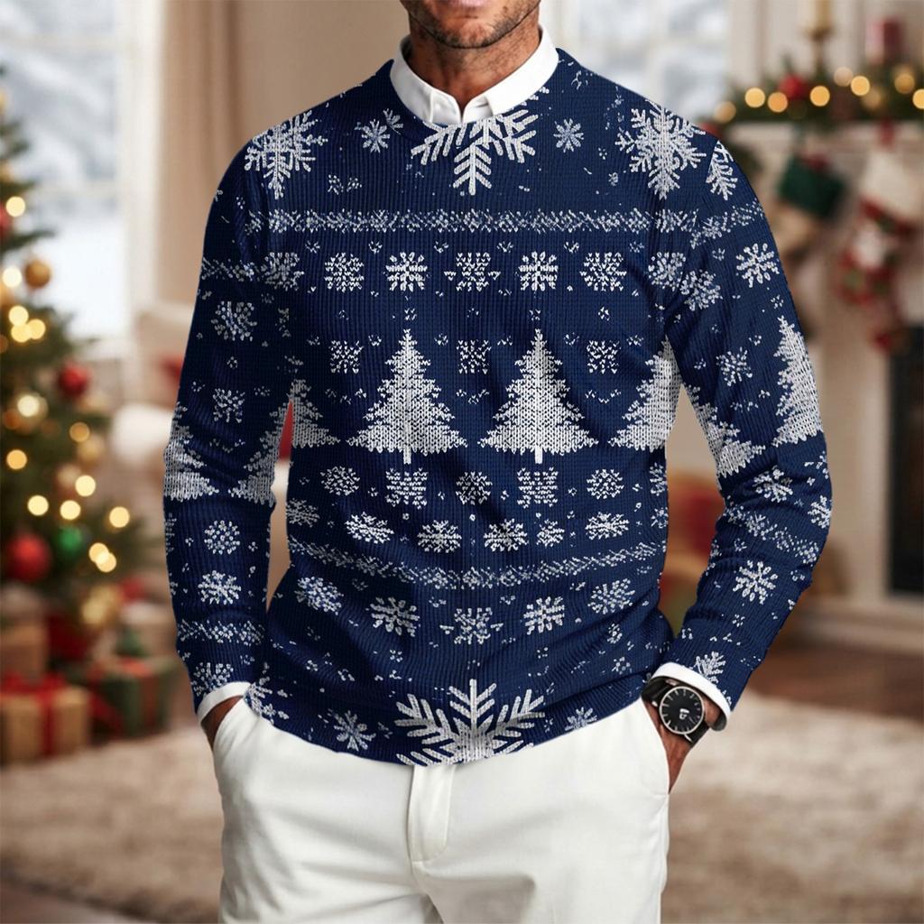 Men's Crewneck Long Sleeve Ribbed Knit Pullover Sweater with Christmas Print for Winter