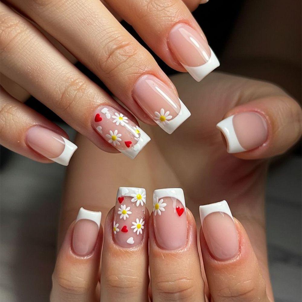 

New manicure nail piece European and American ins style fake nail daisy classic French square nail wearing nail Free jelly glue + rubbing strips