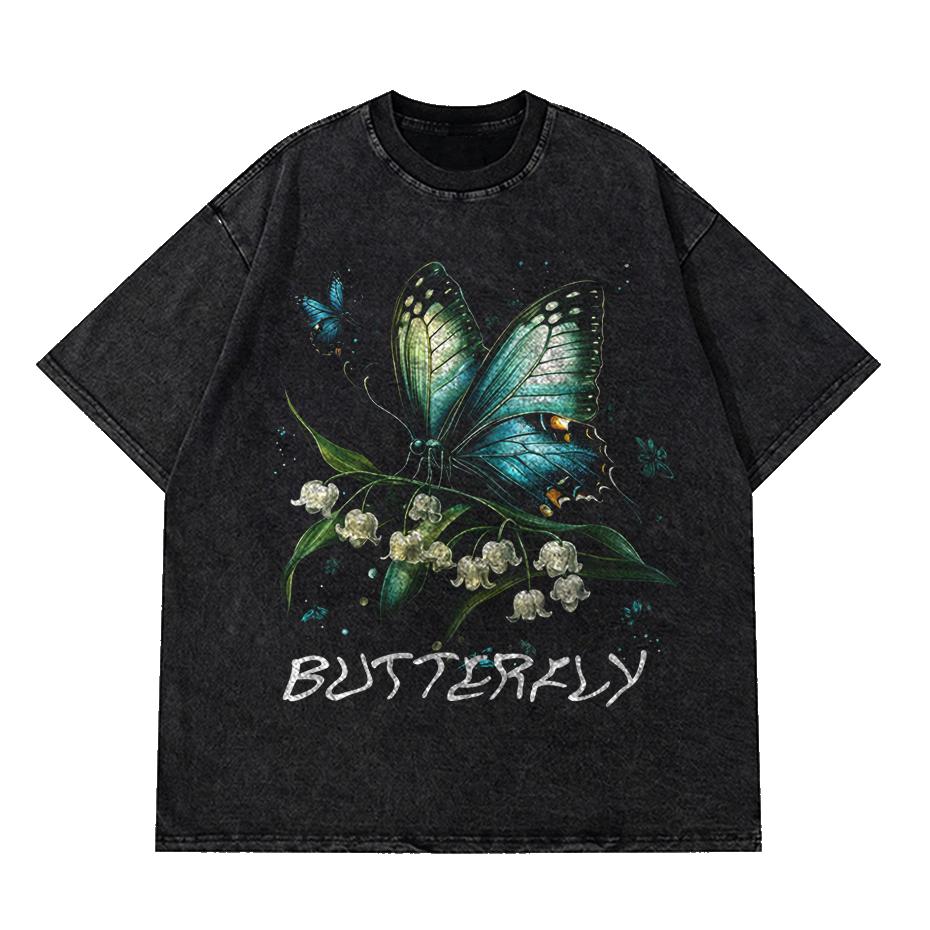 

Vintage Washed butterfly Tshirts Anime T Shirt Harajuku Oversize Tee Cotton fashion Streetwear unisex top hd S