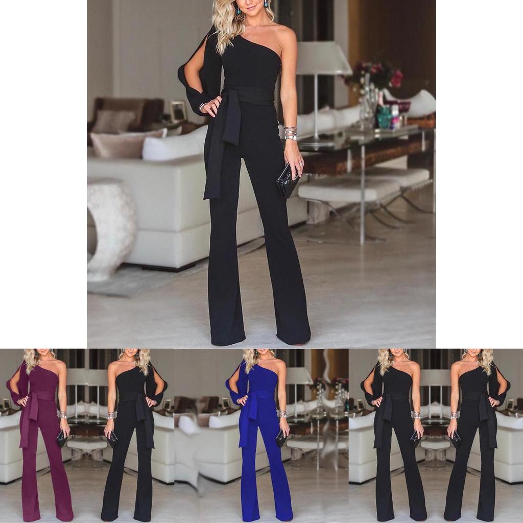 Elegant Women Tied Waist Flared Jumpsuits Fashion One Shoulder Sexy Rompers For Effortless Style