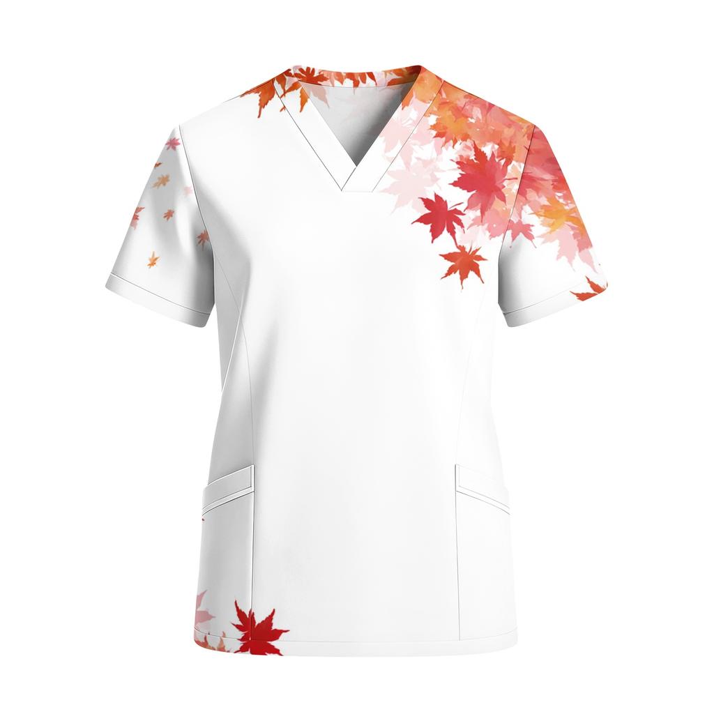 Women's V-Neck Short Sleeve Work Shirt with Pockets and Leaf Print