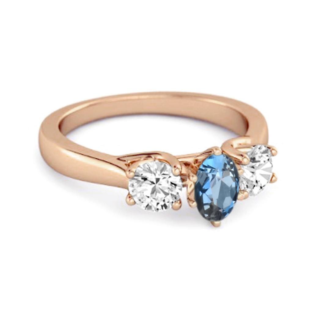Three Stone Natural London Blue Topaz 925 Sterling Silver Rose Gold Vermeil Engagement Ring
