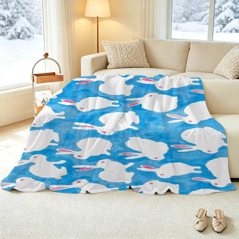 Soft Rabbit Print Flannel Blanket – Cozy Plush Throw with Fresh Colors, Ideal for Couch Naps, Dorm Beds, Home Decor, Halloween & Christmas