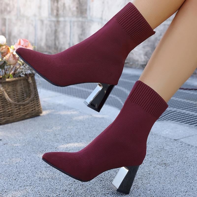 Knit Single Boots Autumn New Pointed Toe Sleeve Breathable Non-Slip Wear-Resistant High Heels
