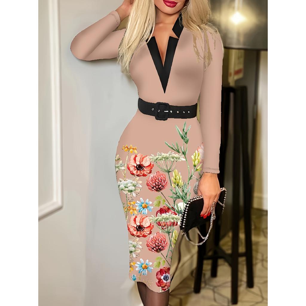 GMXIA Spring Autumn Fashion Checkered V-neck, Body-hugging, Long-sleeved and Sexy Dress for Women