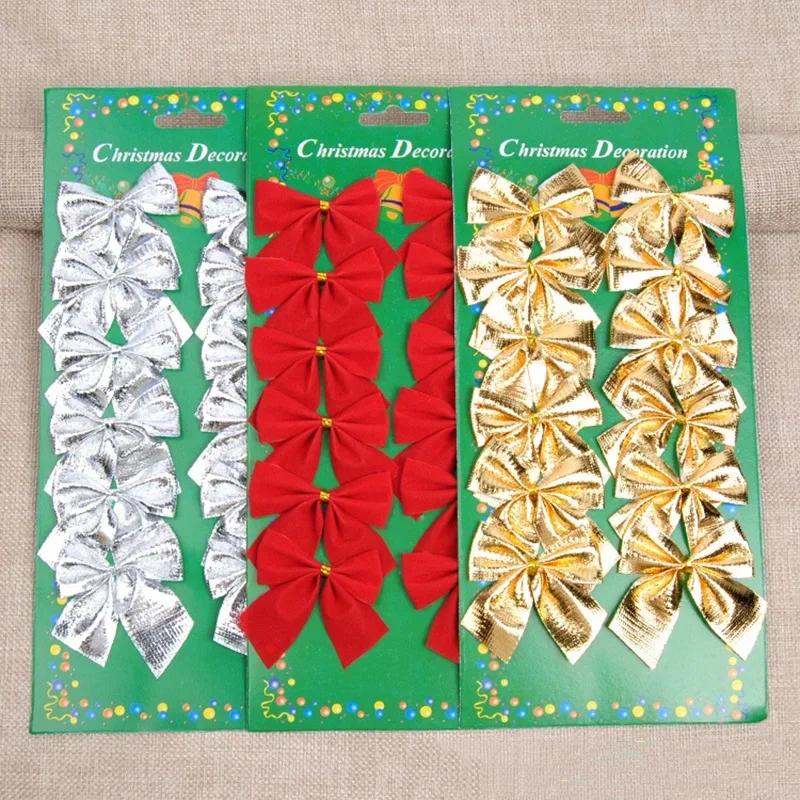 New 12Pcs/set 6cm Christmas Bowknot Decorations For Home Satin Ribbon Bows Christmas Tree Ornaments New Year Navidad Party Decor