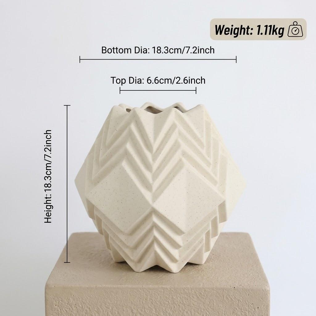 Large Geometric Ceramic Vase, 10.5" Decorative Floor or Table Vase, Modern Textured Flower Vase for Home Living Room, Entryway, or Office Decor