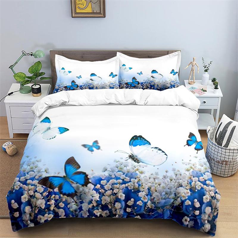 Soft Butterfly Floral Duvet Cover Queen Size For Adults Kids Girls Teens Bedroom Decor Flowers 3D Print Bedding Set Pillowcases