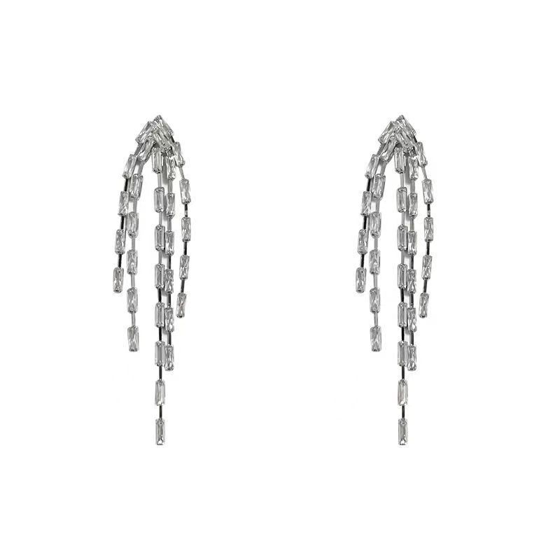 Light Luxury Cold Wind 111 Silver Needle Long Fringed Zircon Earrings, Temperament Design Fireworks Earrings Earrings