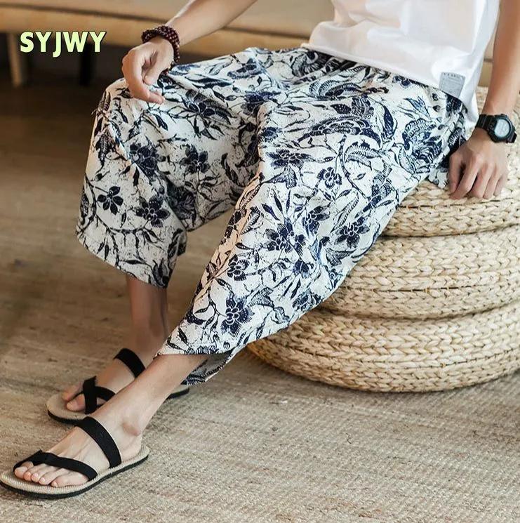 Cotton And Linen Pants Summer Beach Cropped Pants Men's Loose Large Size Bloomers Ethnic Floral Pants