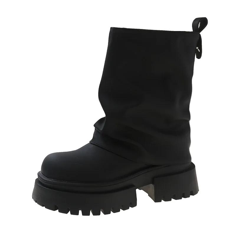 

Роскошные женские туфли, высокие сапоги, зимние ботильоны до колена, женская обувь 2024 года, трендовая платформа, готический новый рок, круглый носок, черный цвет по акции 35