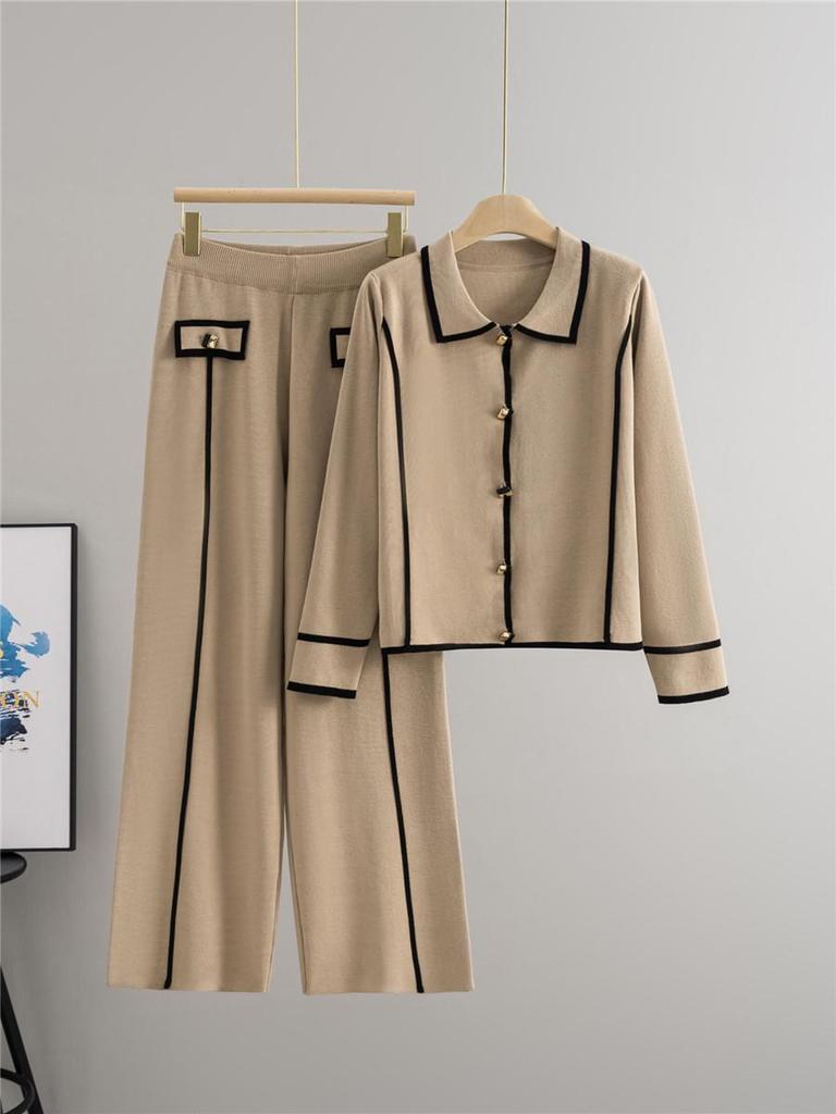 European-American High-End Fashion Knitted Sweater Cardigan & Wide-Leg Pants Set for Women - Fall/Winter Collection