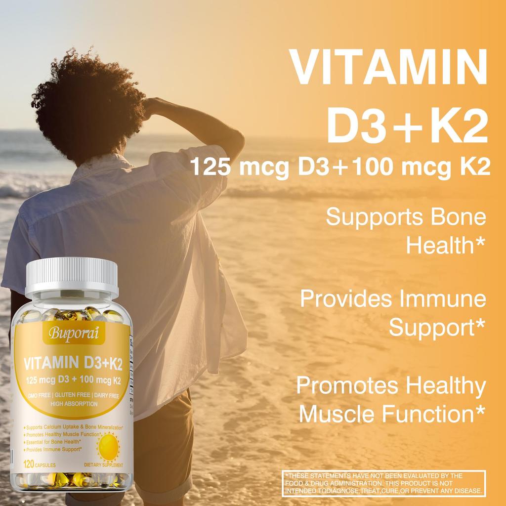 Buporai Vitamin D3 + K2 125 mcg promotes calcium absorption, supports bone health, and strengthens the immune system.
