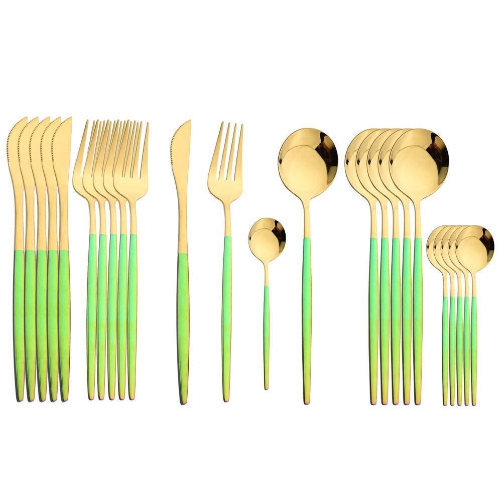 24Pcs Tableware Set Stainless Steel Dinnerware Knife Fork Spoon Dinner Flatware Kitchen Colorful Elegant Black Gold Cutlery Set