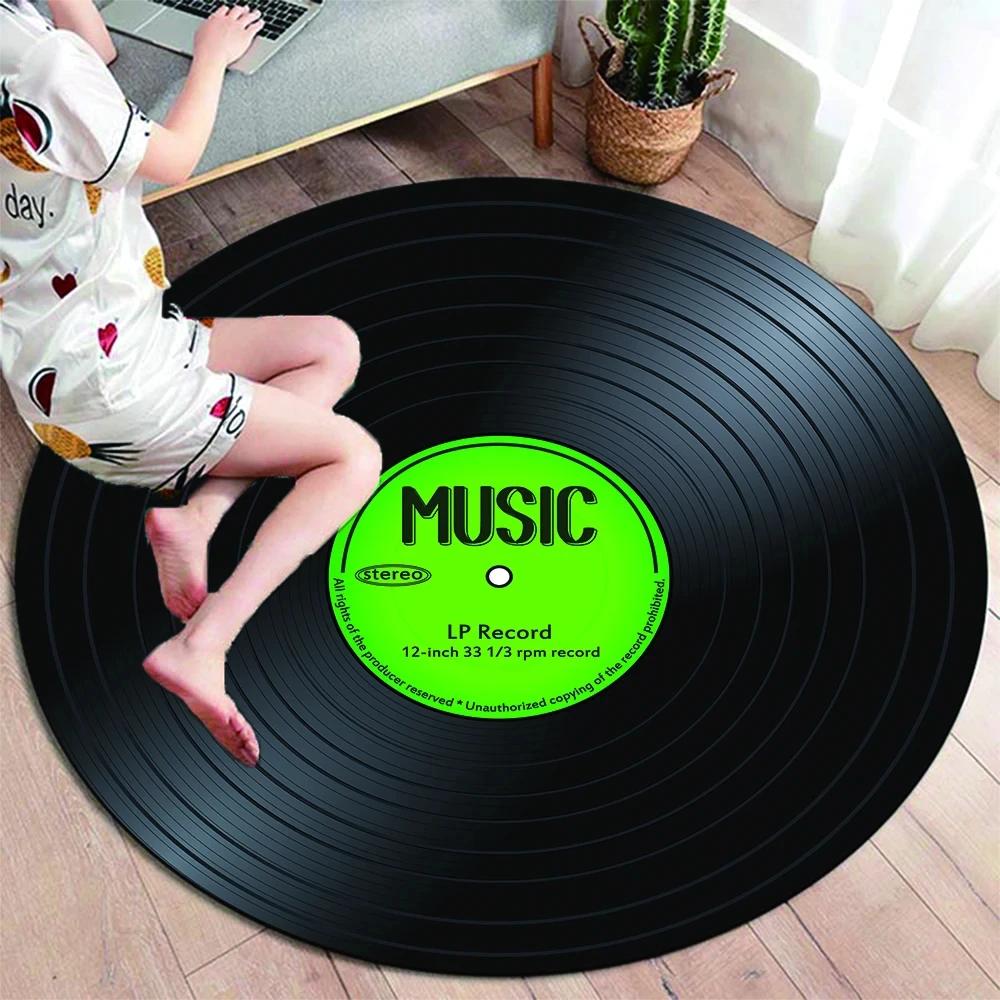 Runder Teppich mit klassischer Musik-Schallplatte, Teppiche für die Dekoration von Wohnzimmerstühlen, weiche, rutschfeste Bodenmatte zum Spielen für Kinder