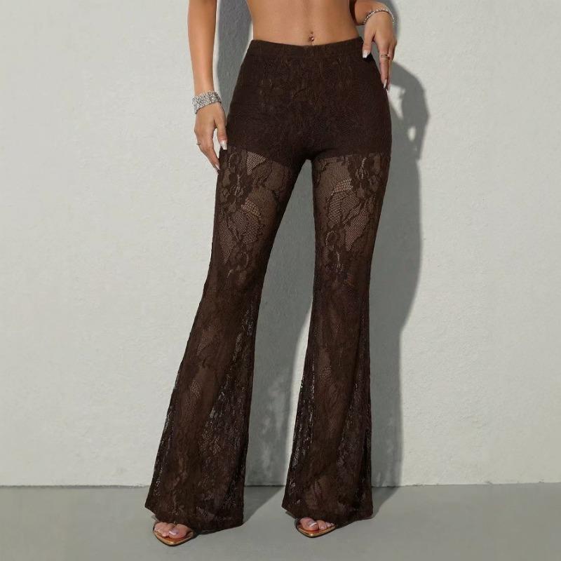 Women Sexy Sheer Lace High Waist Slim Fit Flared Long Pants