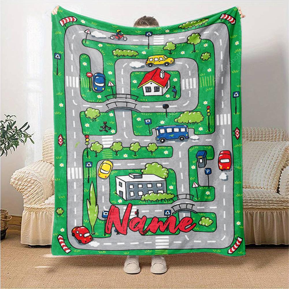 Custom Name Cute Cars Theme Printed Blanket - Perfect for Couch, Bed, Travel & Outdoor Use | Machine Washable, Cozy & Durable.