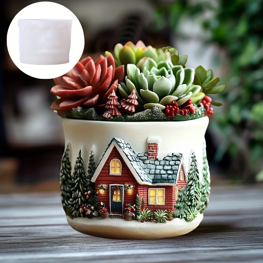 Warm House Relief Resin Gypsum Flower Pot Mold Green Wood Surround House Relief Cement Concrete Flower Pot MoldS Christmas gift