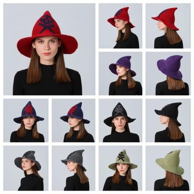 New Halloween Skull Wizard Hat Big Eaves Wool Knitted Ghost Head Witch Hat Women's Party Hat