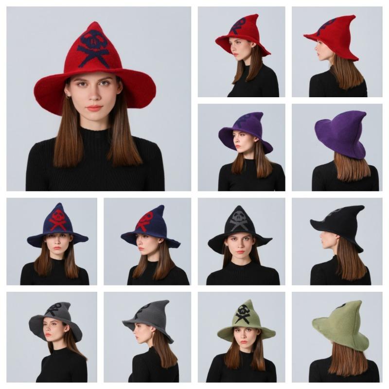 New Halloween Skull Wizard Hat Big Eaves Wool Knitted Ghost Head Witch Hat Women's Party Hat