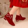 Winter New Thick Heel Cotton Boots Women Pointed Suede Side Zipper Butterfly Knot Short Tube Wedding Shoes